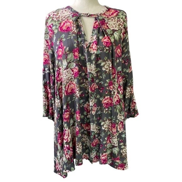 Umgee Floral Key Hole 3/4 Bell Sleeve Flowy Mini Swing Dress Trapeze Cut Guaze - Picture 2 of 16